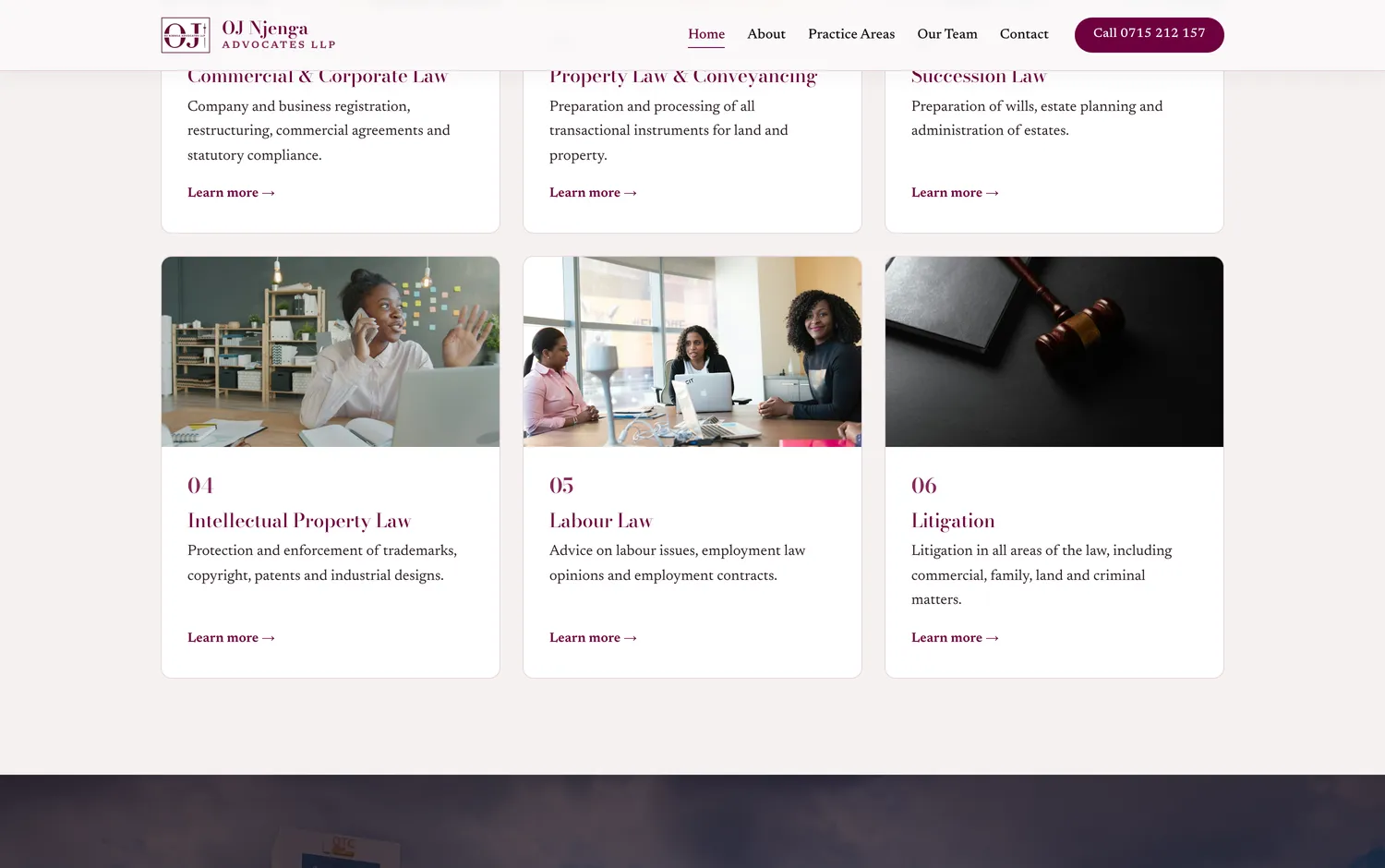 Six practice areas, each with its own page
