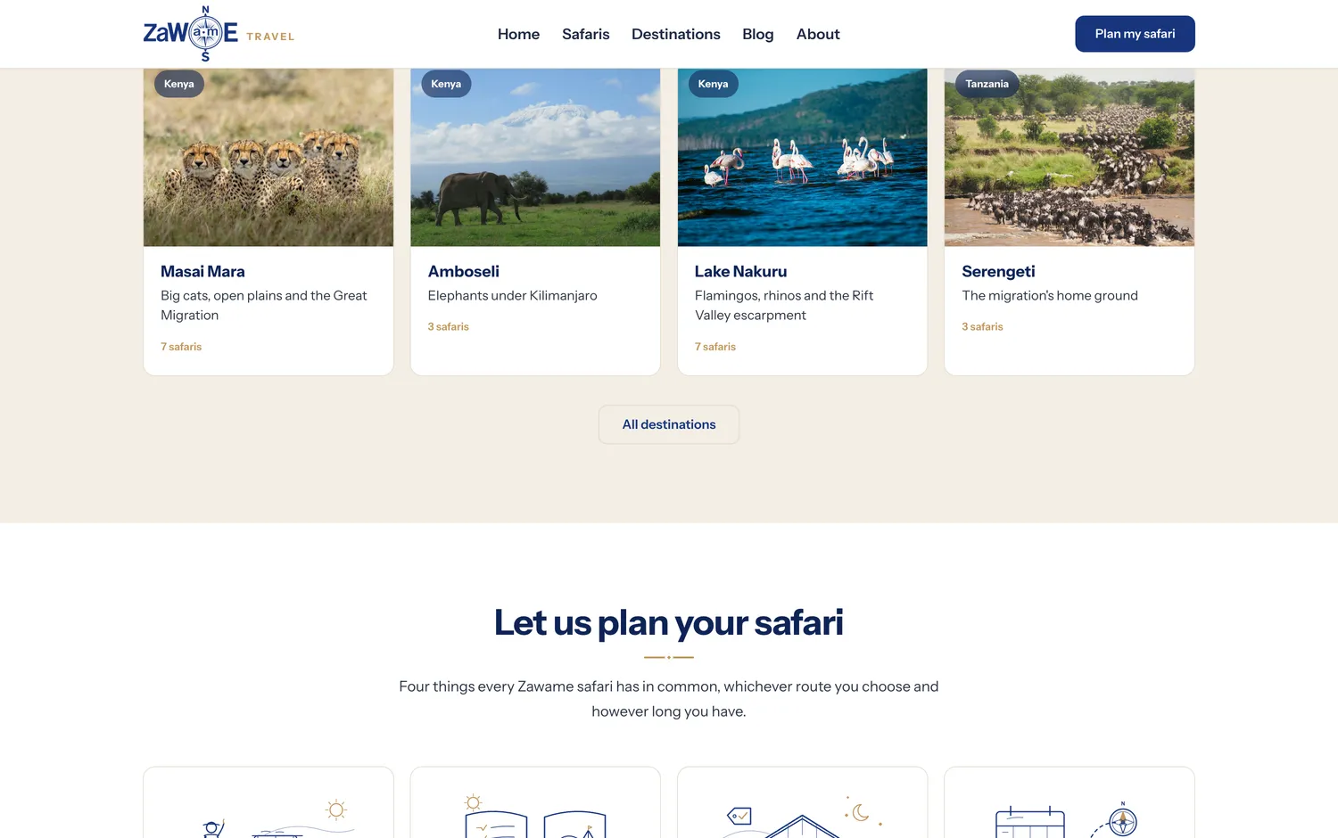Destination cards across Kenya and Tanzania